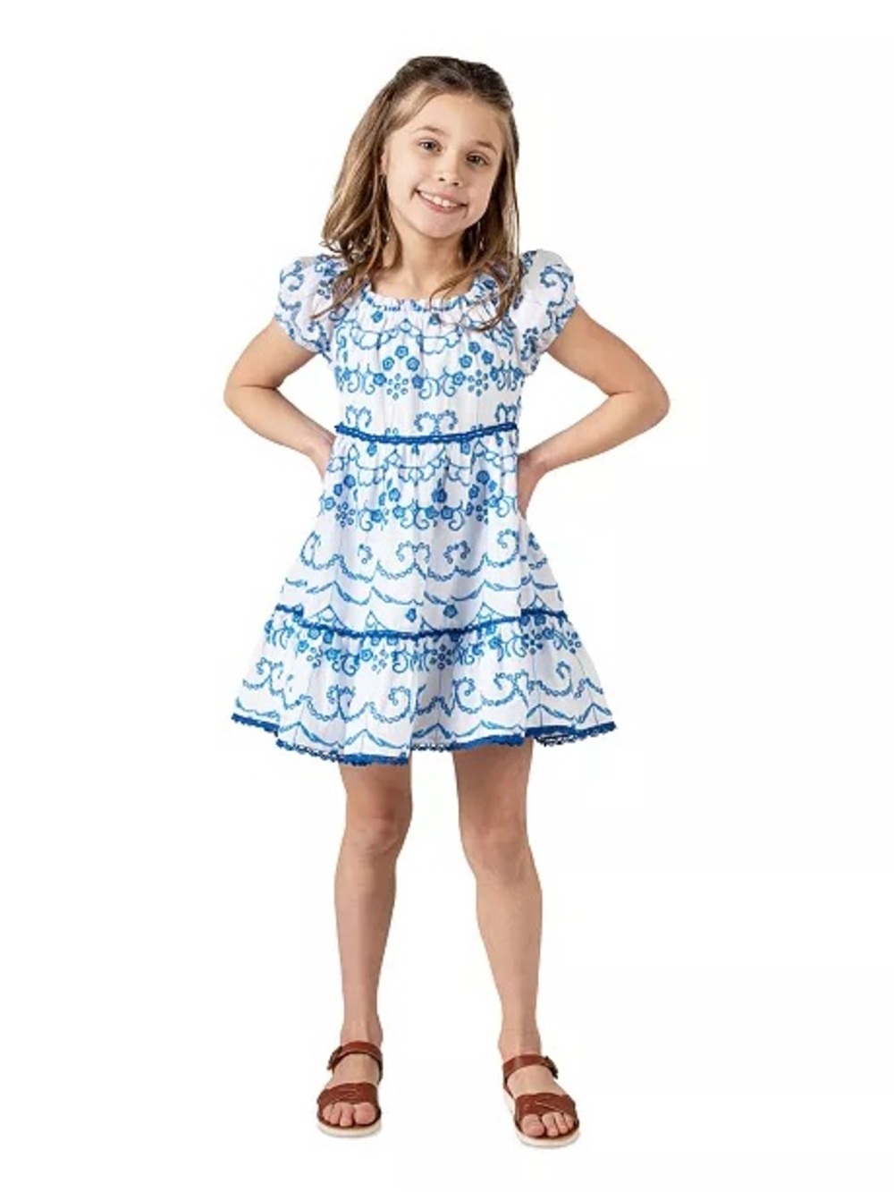 6X girls blue and white eyelet dress by Rare Editions
